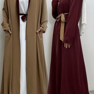 1991# Stunning Reversible Open <b>Abaya</b> With Side Pockets Solid Color Both Sides Wearing Muslim Women Cardigan 5 Colors - Product Image 2