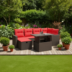 Brown Poly <b>Rattan</b> Garden <b>Sofa</b> Set With Cushions 7 Piece Outdoor Furniture Contemporary Design For Garden Seating Capacity 6 - Product Image 2