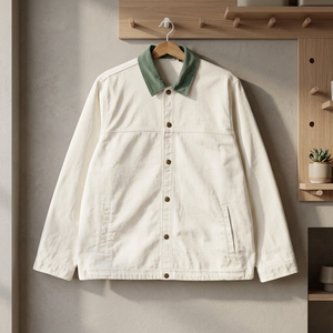 Men's White <b>Canvas</b> Shirt Jacket with Green Collar Button Closure Casual Winter Wear Hooded Logo Front - Product Image 3
