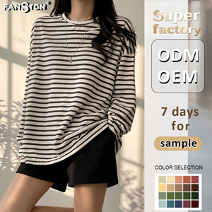 <span class=keywords><strong>T</strong></span>-<span class=keywords><strong>shirt</strong></span> ample à manches longues rayé color block pour femme, col rond coréen, épaules tombantes, effet rajeunissant, polyvalent, mode, vente en gros - Product Image 1