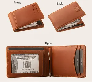 Carteira compacta de couro legítimo rfid, carteira masculina feita em couro legítimo com prendedor para dinheiro