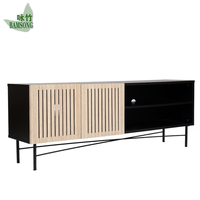 Meuble TV en bambou écologique avec lattes noires en bois pour salon, console multimédia avec étagères ouvertes, trou pour câbles, pieds en métal, OEM ODM