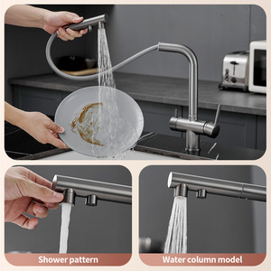 Robinet à <span class=keywords><strong>double</strong></span> <span class=keywords><strong>sortie</strong></span> moderne contemporain Corps en laiton Finition nickel brossé Robinet à boire direct Mélangeur d'évier de cuisine à trois voies - Product Image 2