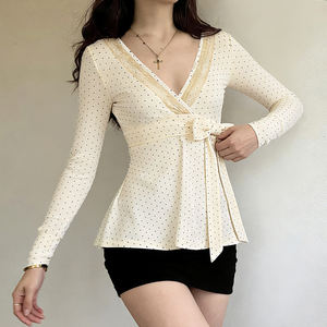 Gentle and sweet lace splicing intersection V-neck lace-up bowknot A-line doll shirt with a fitted waist and long-sleeved <b>top</b> - Product Image 5