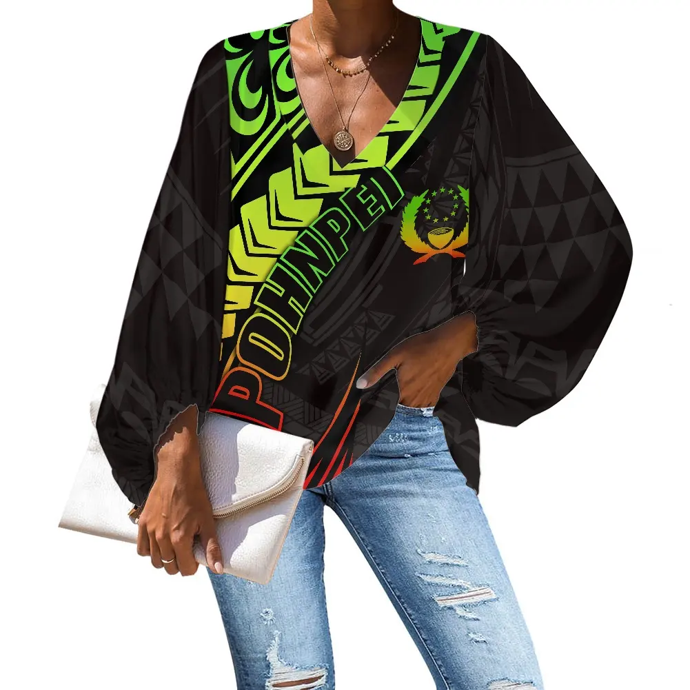 Übergroße T-Shirt Frauen Polynesian Tribal Design Pohnpei Reggae Langarm Casual Loose Fit Tunika Tops Basic T-Shirt Plus Size