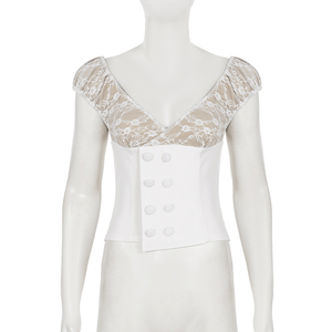 Haut d'été élégant pour le bureau, style décontracté, avec patchwork de dentelle, contraste de couleurs, boutons grenouille, col en V et taille cintrée - Product Image 6