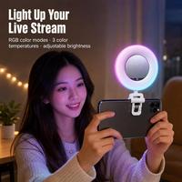 Anneau lumineux LED RGB à clipser pour téléphone, lumière d'appoint pour selfie, 3 températures de couleur, luminosité réglable, miroir de maquillage HD