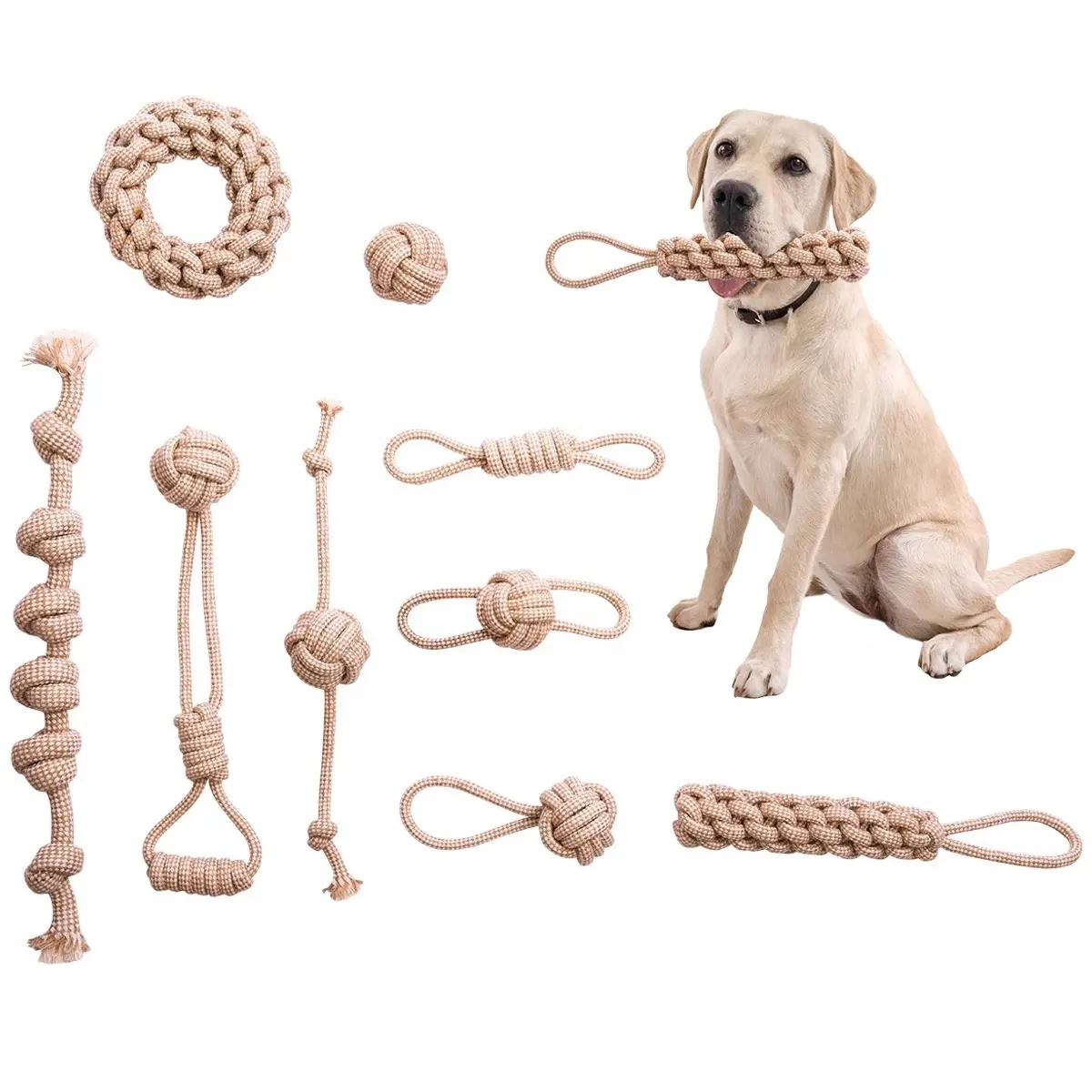 Juego múltiple de cuerda de cáñamo Natural gris ecológico, juguete para perros, accesorios interactivos duraderos para mascotas, cuerda de algodón, juego de juguetes para perros de cáñamo