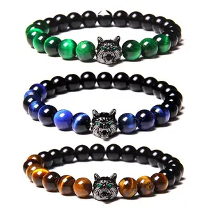 Healing Crystal Stress Relief Anti Anxiety Wolf Head Brass Charm Energy Stone Tiger Eye Beaded Adjustable Bracelet for Men