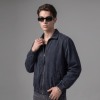 Veste vintage pour homme, bleu marine, fermeture éclair, col pointu, poignets et ourlet élastiques, veste bomber en coton, logo personnalisé