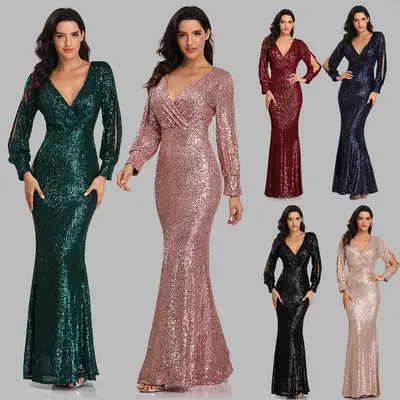 Baoyue Women Ladies Elegant Prom Dresses Party Sequin Long Sleeved Evening Dress Fishtail Mother Of Bride Wedding Casual Dress