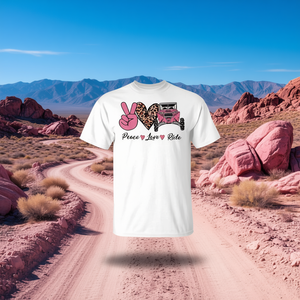 Camiseta Peace Love Ride Pink Off Road Sxs, unisex, para adultos, cuello redondo, manga corta, impresión digital, promocional - Product Image 3
