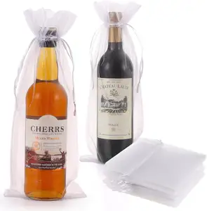Beyaz organze çantalar şarap şişeleri hediyeler için şükran sevgililer günü ekran İpli torbalar