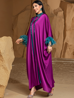 Ensemble Abaya Élégant Deux Pièces en Polyester, Kaftan en Satin avec Cape Extérieure, Manches à Plumes, Robe Intérieure Halter Ornée de Strass, Idéal pour Fêtes et Soirées de l'Aïd