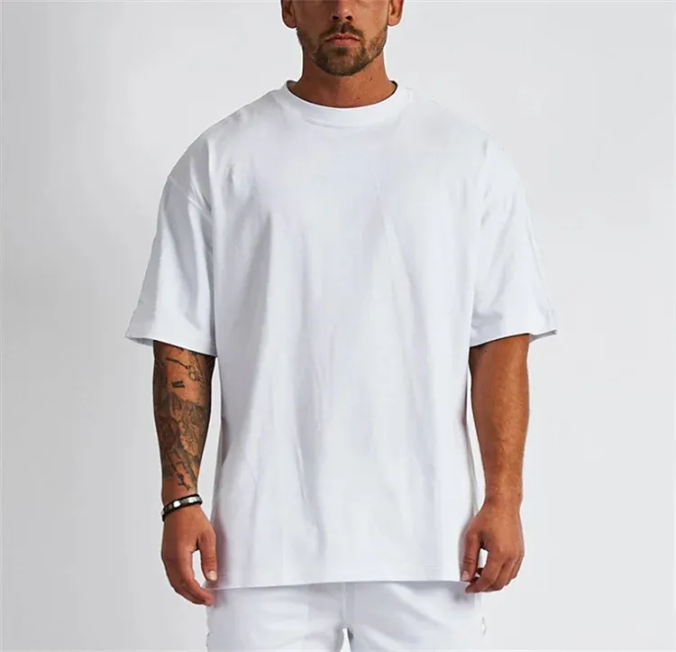 Haute qualité 240 220 gsm épaule tombante t-shirts lourds personnalisé poids lourd coton vierge t-shirts col montant surdimensionné