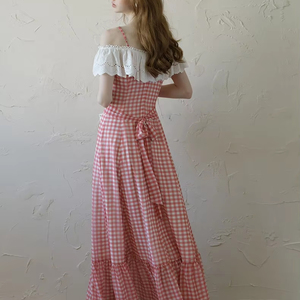 Off the shoulder lace ruffle <strong>red</strong> checkered maxi dress with bow - Product Image 3