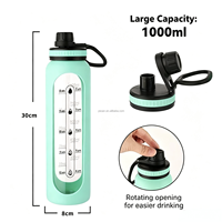 Bouteille d'eau sport grande capacité en verre avec graduations, manchon de protection en silicone, poignée de transport, gobelet simple à boire directement