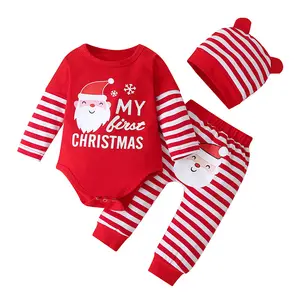 Infants My First Christmas Baby Clothes Long Sleeve Romper Striped Trousers and Hat 3pcs Baby Christmas Clothes