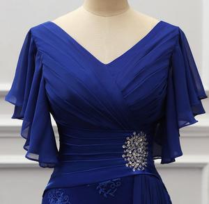 Elegante Abito Lungo Formale Blu Reale in Pizzo e Chiffon per Madre della Sposa, Scollo <span class=keywords><strong>a</strong></span> V, Maniche Corte, per Matrimonio - Product Image 5