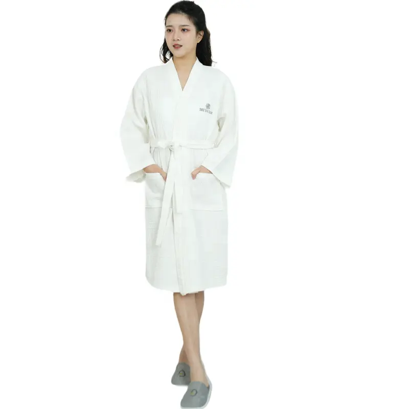100% algodão waffle vestido de banho macio, camisola elegante, roupa de dormir em cor sólida, vestido kimono feminino