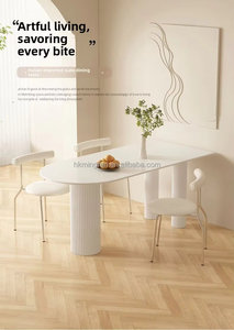 Juego de Mesa y Sillas de Comedor de Piedra Blanca Pura Estilo Crema, Mesa de Comedor Semicircular Moderna, Minimalista y Compacta para el Hogar - Product Image 4