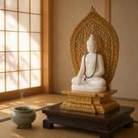 Statue de Bouddha sculptée à la main en marbre blanc avec halo doré et base en lotus, sculpture de Shakyamuni, décoration d'autel de temple ou de maison pour la méditation