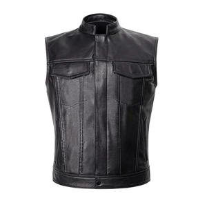 Gilet moto en cuir véritable pour homme de qualité supérieure, col montant, couleur unie, poches, longueur standard, style automne - Product Image 1