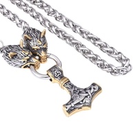 Collier Pendentif Marteau Rune Vintage en Forme d'Animal Tête de Loup pour Hommes, Style Punk Nordique Viking, Chaîne en Alliage Bambou, Bijoux KunHong