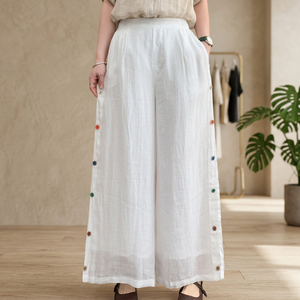 Pantalon palazzo blanc taille haute à jambes larges pour femme |   Pantalon décontracté ample en coton et lin avec boutons sur le côté - Product Image 4