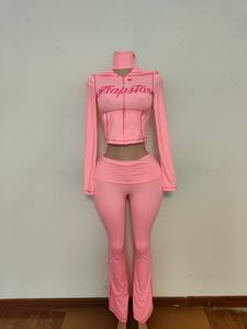 2025 personalizzato inverno in tinta unita ricamato abbigliamento lungo completo giacca con Zip pieghevole pantaloni svasati donna 2 pezzi Casual Set Yoga Loungewear - Product Image 3