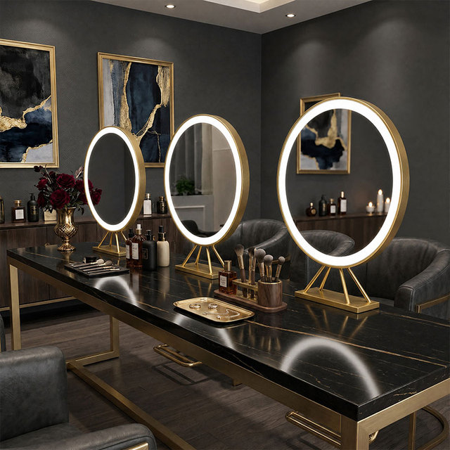Gold Led Ring Light Double-Sided Hair Salon Mirror Portable Tabletop Makeup Station Salon Mirror Portable Salon Mirror
