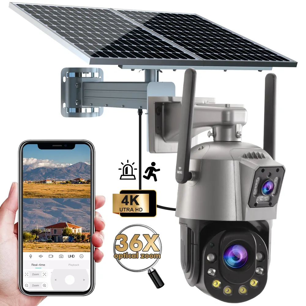 TecDeft 8MP 4K açık kablosuz güneş Cctv 4g Wifi güvenlik kamerası 36x Zoom geniş açı çift Lens güneş kamera için çiftlik