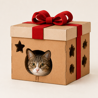 Boîte-cadeau en carton ondulé pour chat avec entrée en forme de tête de chat, découpes en forme de patte et nœud rouge