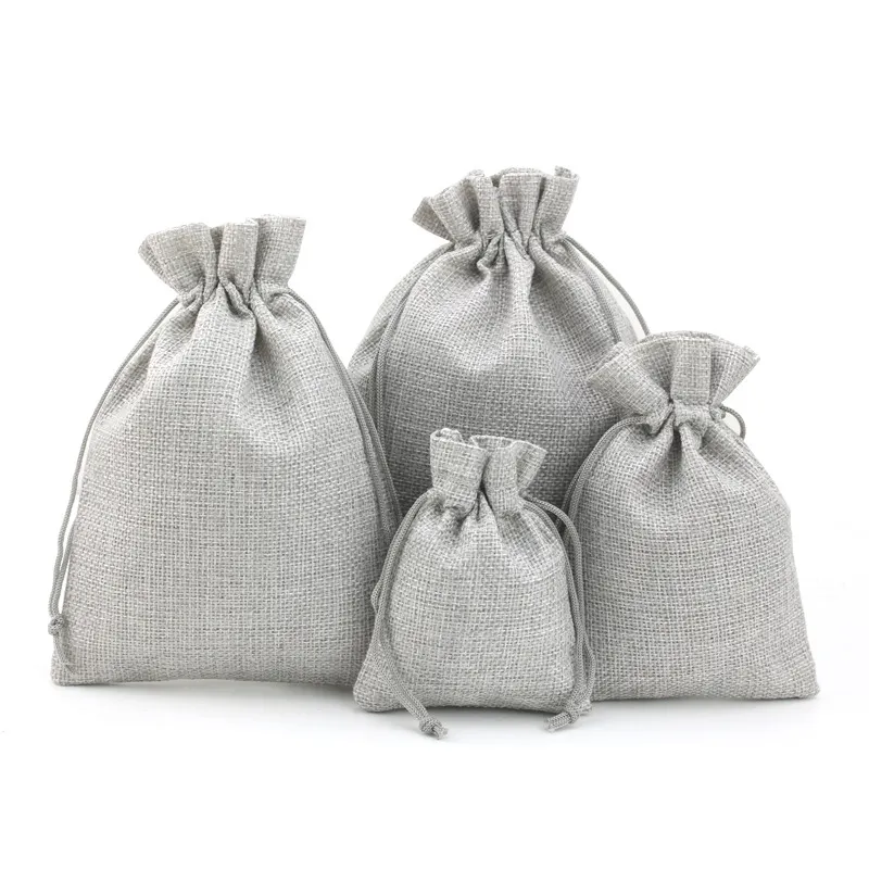 Personalizzazione di fabbrica piccolo regalo con cordoncino di iuta confezione di gioielli tascabili in lino bianco Mini borsa con coulisse
