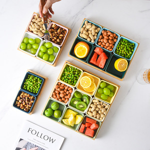 Plato cuadrado de cerámica para aperitivos con bandeja de bambú, plato dividido para aperitivos, plato para salsa de hot pot, uso doméstico - Product Image 3