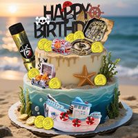 Décorations de gâteau d'anniversaire sur le thème des pirates, ensemble de décorations de gâteau avec bateau pirate, coffre au trésor, télescope, fournitures pour fêtes
