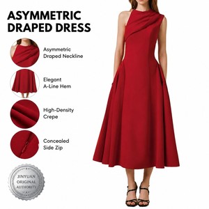 Abito da <span class=keywords><strong>Donna</strong></span> Elegante 2026 Rosso da Sera con Scollo Asimmetrico Drappeggiato Senza Maniche Midi a Trapezio Formale Personalizzato OEM/ODM - Product Image 1