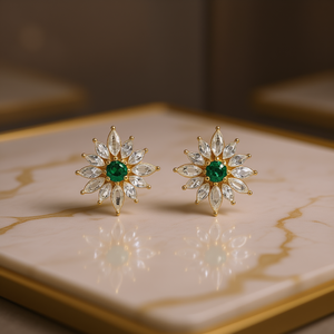 Orecchini a Perno E3678 con Fiore Dorato, Cristallo Taglio Marquise, Strass con Montatura a Griffe, Classici da Donna per Uso Quotidiano - Product Image 2