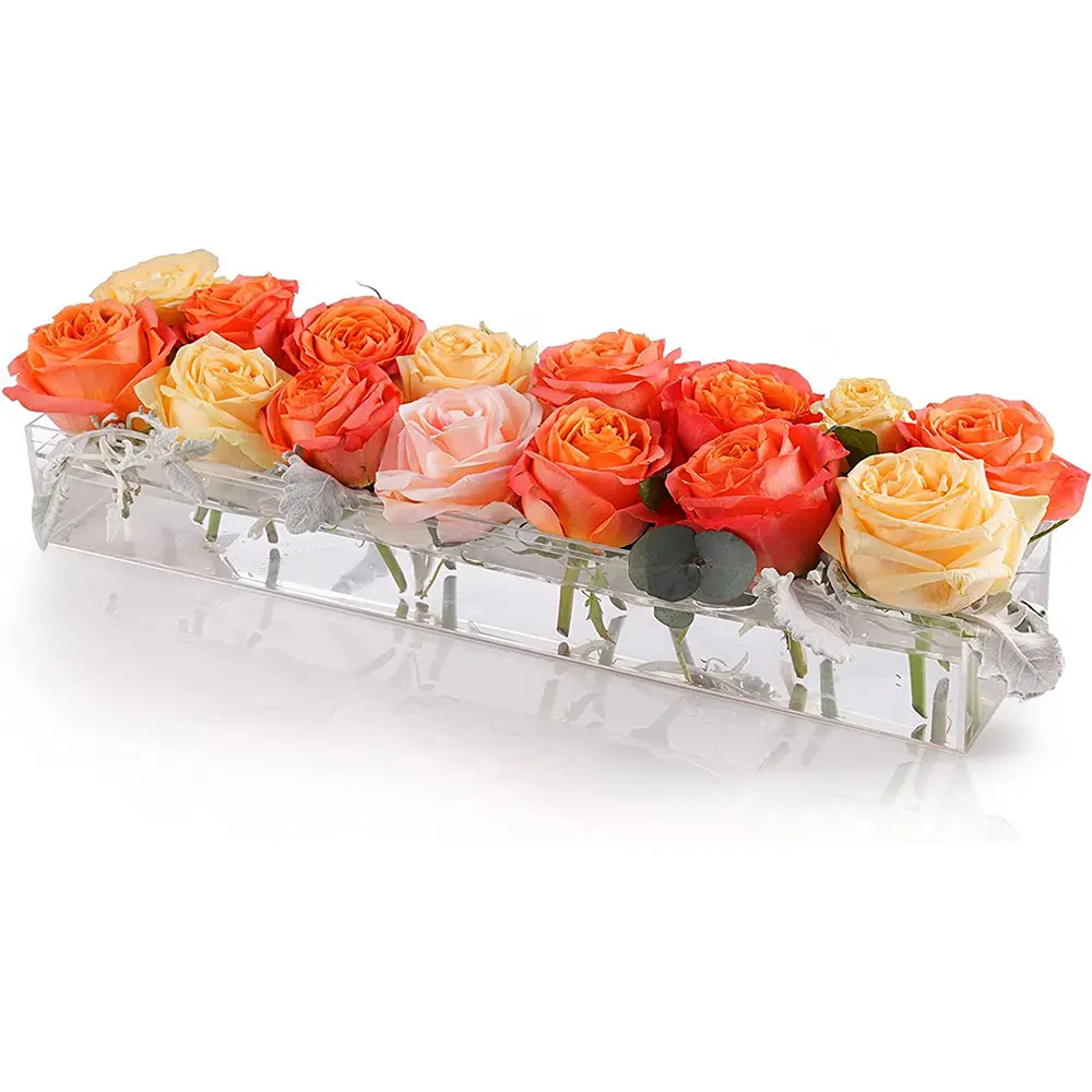 RAY YI Custom Modern Clear Long Rectangular Acrylic Rose Flower Vase Display Box For Centerpieces Logo Modern PMMA Floral Vases