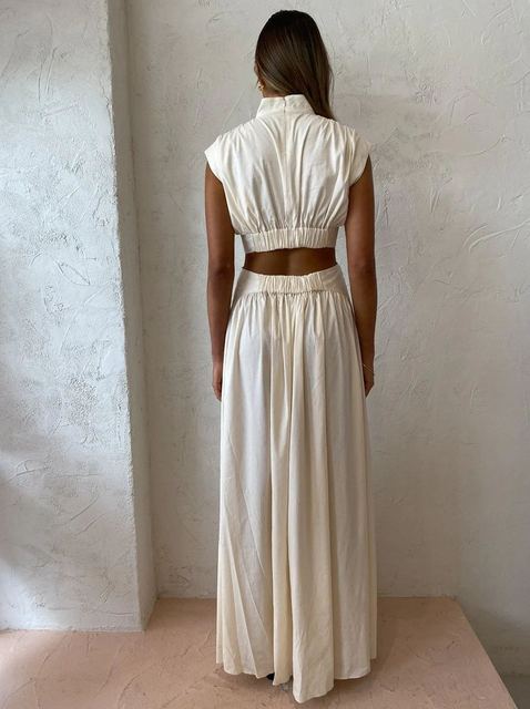 Customized Stand Collar Pleated Loose Maxi Dress With Pockets Hollow Out Waist Sleeveless A-line Skirt Swing Long Dress