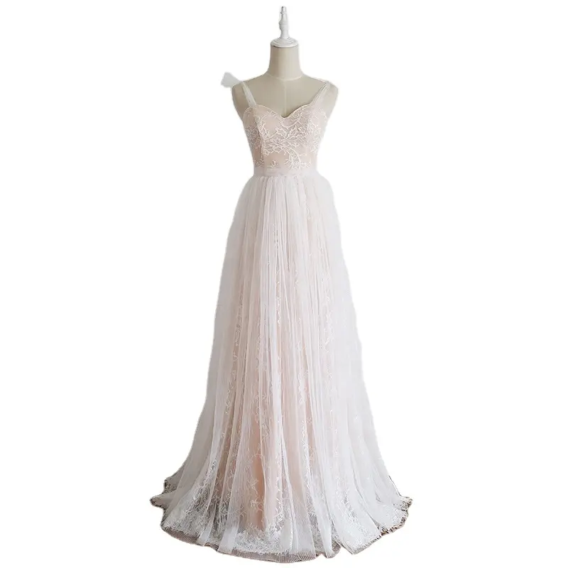 7736 # Elegant Sweetheart Bruid Trouwjurk Roze Tulle Lace Applique Backless Sleeveless Floor Lengte Bruidsjurk