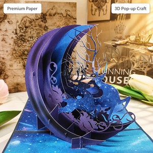 Carte de vœux cerf galaxie bleu violet, carte artistique en papier pliable 3D, décoration cadeau saisonnière - Product Image 2