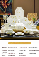 Service de vaisselle de luxe en porcelaine fine, motif feuille dorée, compatible micro-ondes et four, pour la maison, les dîners et comme cadeau de mariage