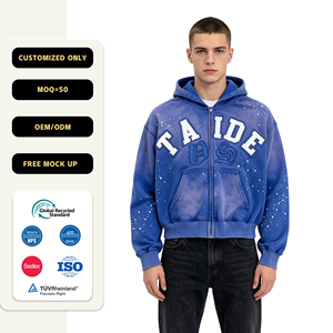 TaiDe OEM ODM 500GSM Acid Wash Paint Splatter <span class=keywords><strong>Zip</strong></span> Hoodie Applique Embroidery Cropped Boxy Fit Custom Order Streetwear Men - Product Image 1