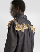 Chemise en jean Y2K noire délavée pour homme, style streetwear, avec broderies et patchwork sur le devant et le dos, collection 2026
