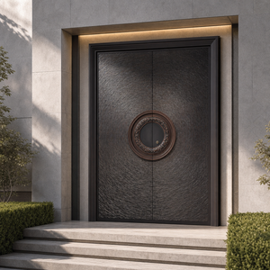 Puerta Doble de Entrada Anti-Robo de Aluminio Fundido a Medida con Panel de Relieve en Espiral y Anillo de Dorado para Exterior de Galería de Arte - Product Image 1