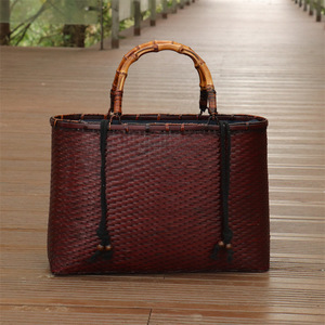 Handmade Bamboo Woven <b>Tote</b> Bag Solid Color <b>Canvas</b> Lining Japanese Style Women's Handheld Crossbody Bag - Product Image 1