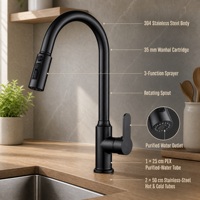 Robinet de cuisine en acier inoxydable 304 noir à double poignée avec cartouche céramique, mitigeur de comptoir avec filtre à eau extractible, vente en gros