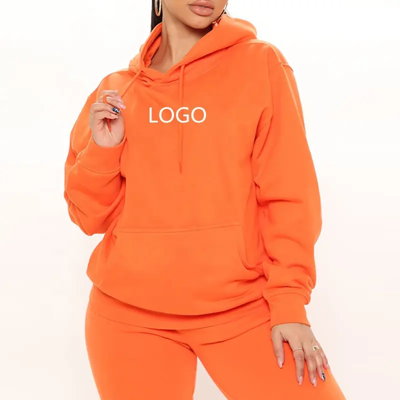 Wholesale Custom Logo Cotton 2 Piece Set Warm Winter Women Fleece Pullover Sweatsuit High Quality Solid Oversized 2PC Hoodie Set