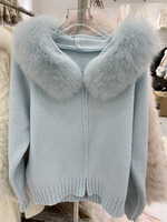 Cardigan en tricot pour femme avec capuche en fourrure de renard véritable personnalisée pour l'automne, manteau en laine court pour le printemps et l'hiver, haut à manches longues avec fermeture éclair, pull en fourrure mince
